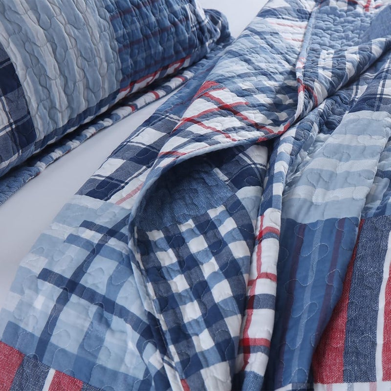 VISIMISI Cotton Bedding Quilt Sets Reversible Real Patchwork Coverlet Sets All Season Blue Bedspread, Plaid Patchwork Pattern,Queen Size - Image 4