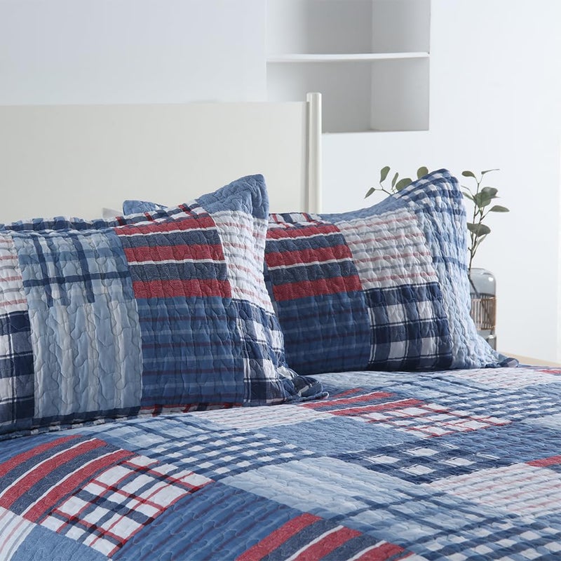 VISIMISI Cotton Bedding Quilt Sets Reversible Real Patchwork Coverlet Sets All Season Blue Bedspread, Plaid Patchwork Pattern,Queen Size - Image 2