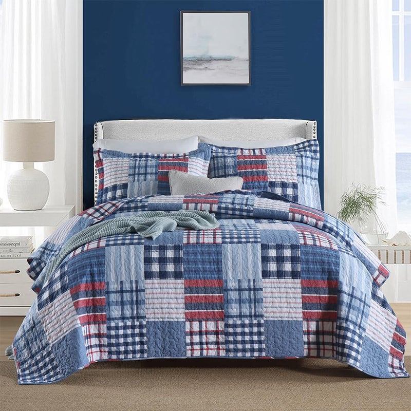 VISIMISI Cotton Bedding Quilt Sets Reversible Real Patchwork Coverlet Sets All Season Blue Bedspread, Plaid Patchwork Pattern,Queen Size - Image 1