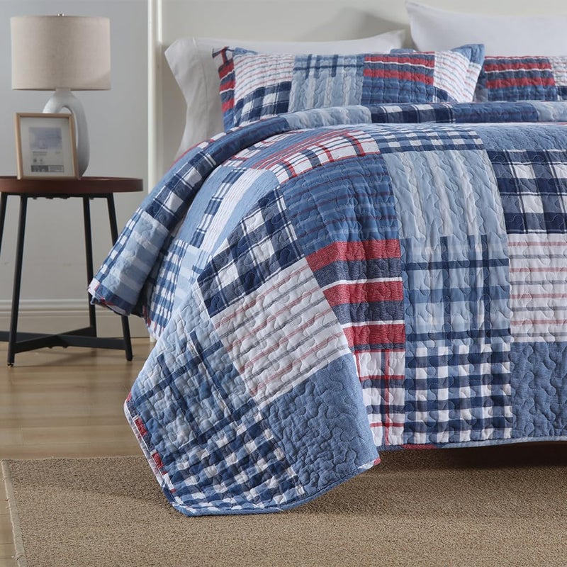 VISIMISI Cotton Bedding Quilt Sets Reversible Real Patchwork Coverlet Sets All Season Blue Bedspread, Plaid Patchwork Pattern,Queen Size - Image 3