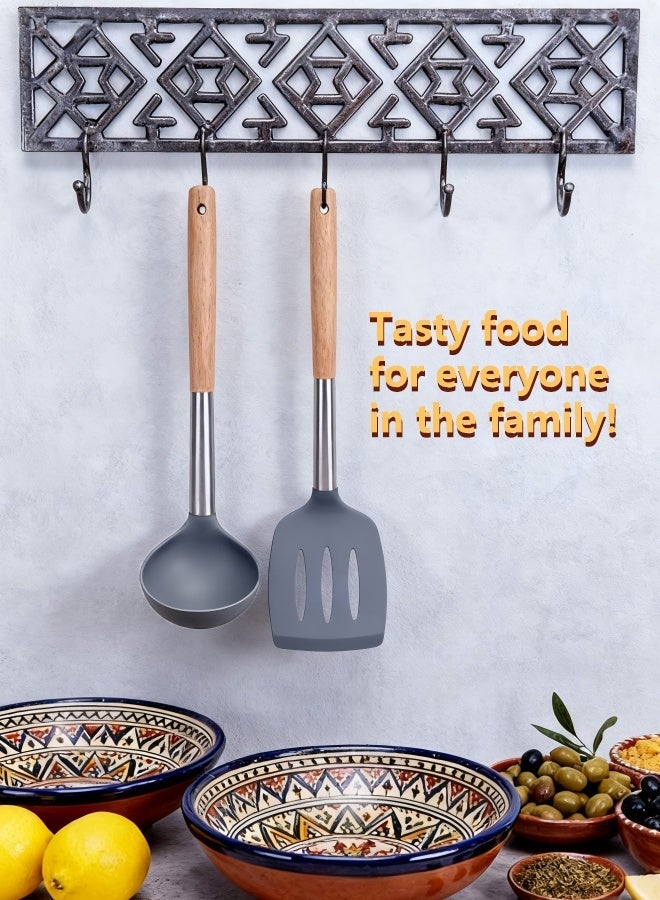 SAKAN Silicone Soup Ladle,Stainless Steel Wooden Handle Silicone Soup Spoon, Wear-Resistant Non-Stick Kitchen Deep Soup Ladle, Cooking with sauces, Stews and Meats(Gray,32cm) - Image 4