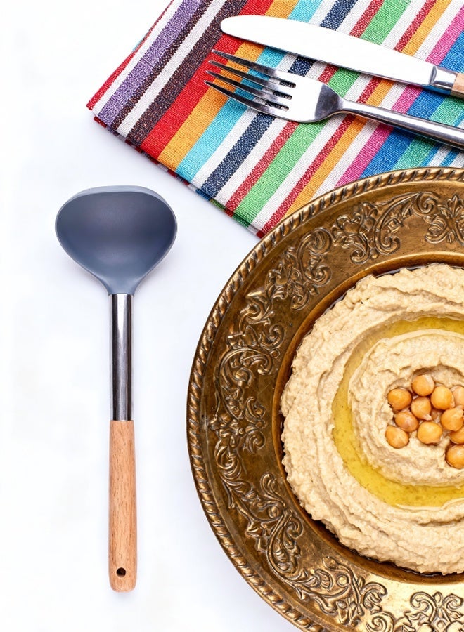 SAKAN Silicone Soup Ladle,Stainless Steel Wooden Handle Silicone Soup Spoon, Wear-Resistant Non-Stick Kitchen Deep Soup Ladle, Cooking with sauces, Stews and Meats(Gray,32cm) - Image 3