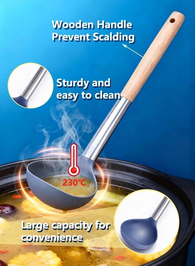 SAKAN Silicone Soup Ladle,Stainless Steel Wooden Handle Silicone Soup Spoon, Wear-Resistant Non-Stick Kitchen Deep Soup Ladle, Cooking with sauces, Stews and Meats(Gray,32cm) - Image 2