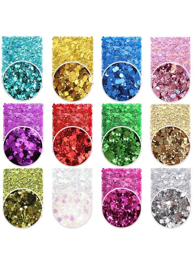 Estanoite Holographic Chunky Glitter Sequins 12 Colors Mixed Laser Cosmetic Glitter For Face Body Eye Hair Nail Art Lip Gloss Festival Glitter Makeup With Different Hexagons Size (Metallic Mix) - Image 1
