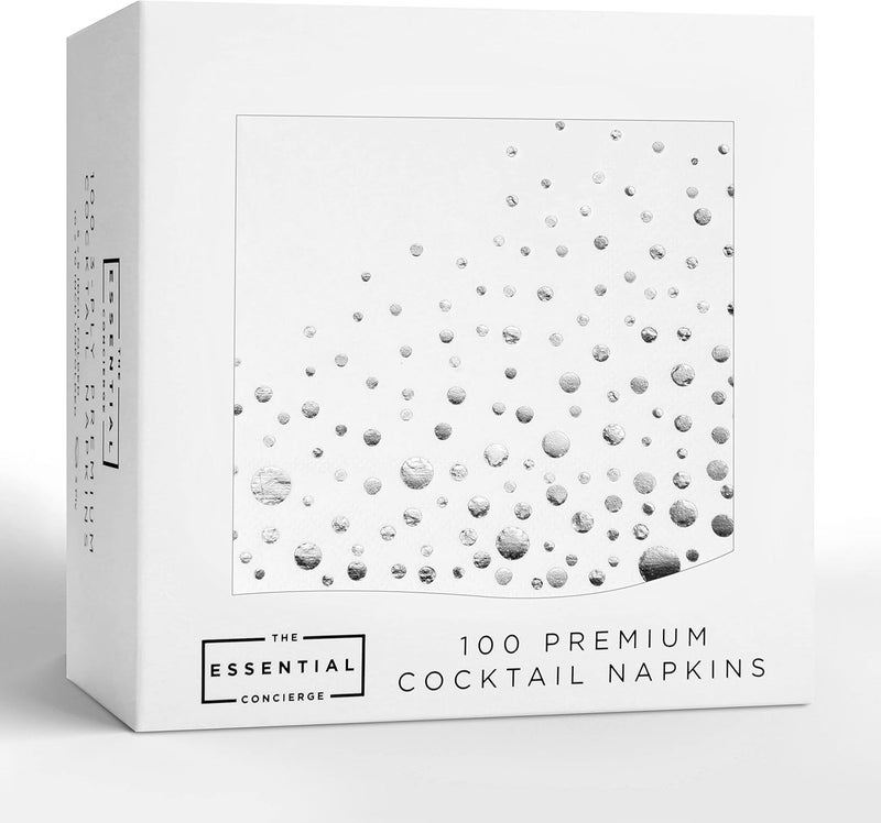 The Essential Concierge Stylish Silver & White Cocktail Napkins - 100 Disposable 5x5 Inch Wedding Napkins - Image 1