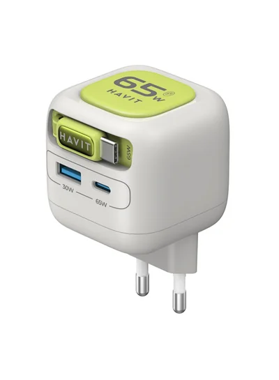صفقة هافيت شاحن حائط HAVIT UC253 PD65W مع كابل USB-C قابل للسحب، محول طاقة 3 في 1 على Noon EG