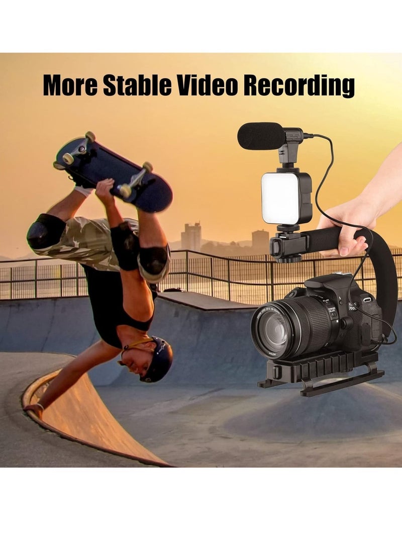 handheld video rig，Universal Video U Grip Handle Handheld Vlog Bracket Stabilizer Kit with LED Video Light Microphone Phone Holder Remoter Shutter for Smartphone Camera Vlogging Video Recording