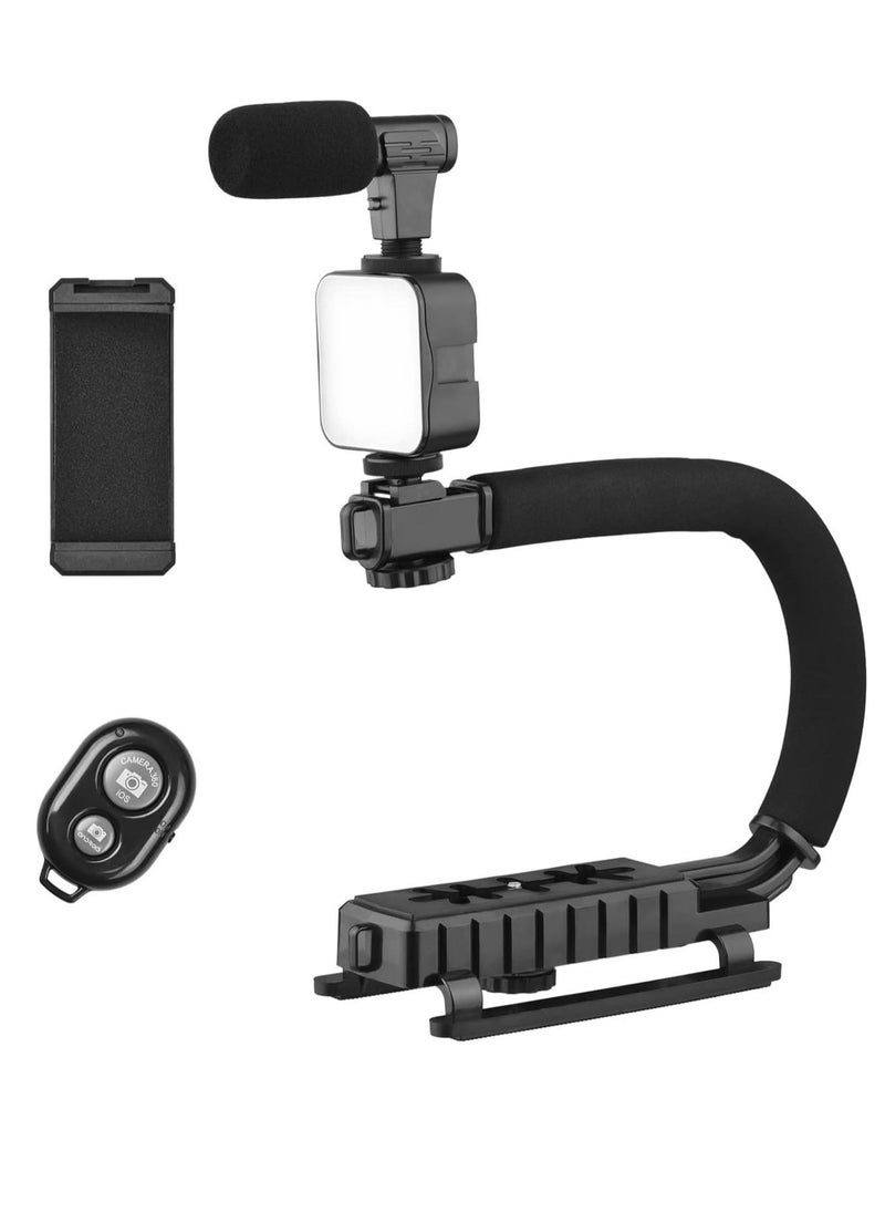 handheld video rig，Universal Video U Grip Handle Handheld Vlog Bracket Stabilizer Kit with LED Video Light Microphone Phone Holder Remoter Shutter for Smartphone Camera Vlogging Video Recording