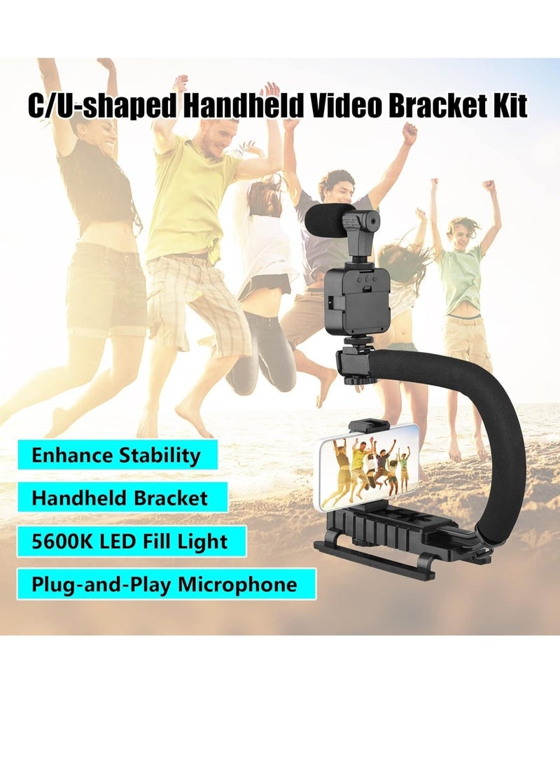 handheld video rig，Universal Video U Grip Handle Handheld Vlog Bracket Stabilizer Kit with LED Video Light Microphone Phone Holder Remoter Shutter for Smartphone Camera Vlogging Video Recording