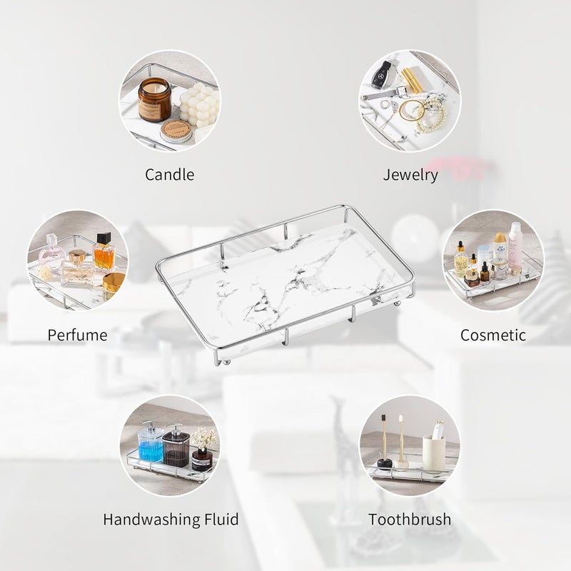 Dobbyby صينية تسريحة دوبيبي، منظم مكياج، تخزين مستحضرات تجميل، منظم العناية بالبشرة للحمام، رف عرض لسطح الطاولة في خزانة الملابس، رف فولاذ مقاوم للصدأ، صينية سيراميك مطبوعة برخام - Image 3