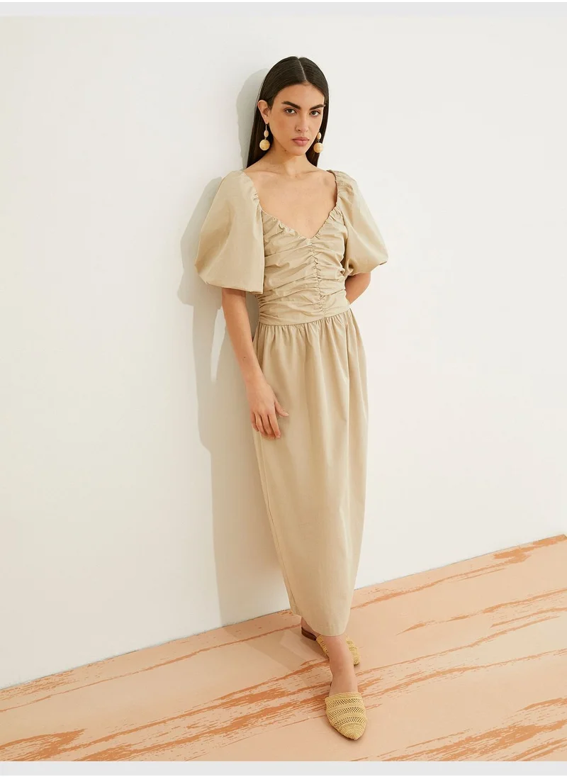 KOTON V Neck Cotton Puff Sleeve Maxi Dress
