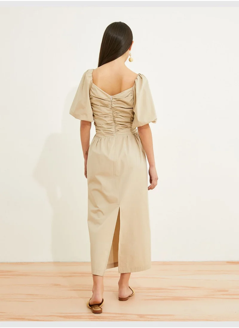 KOTON V Neck Cotton Puff Sleeve Maxi Dress