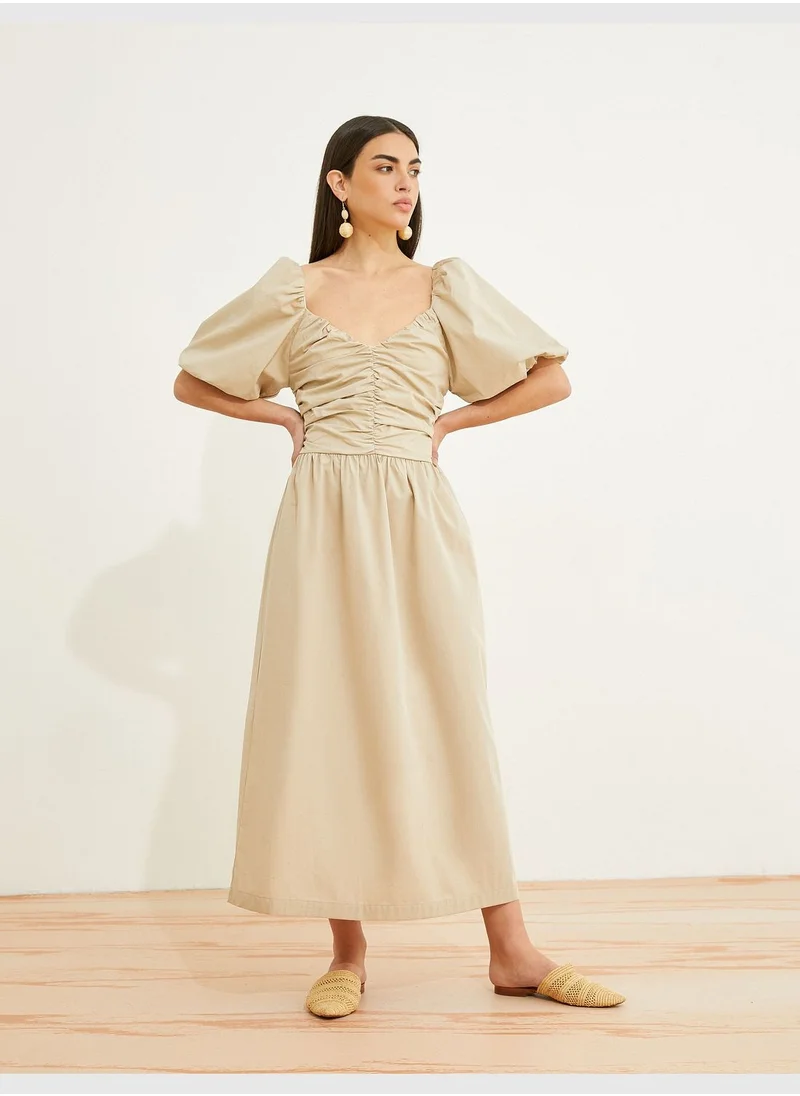 KOTON V Neck Cotton Puff Sleeve Maxi Dress