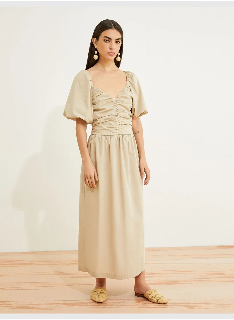 KOTON V Neck Cotton Puff Sleeve Maxi Dress