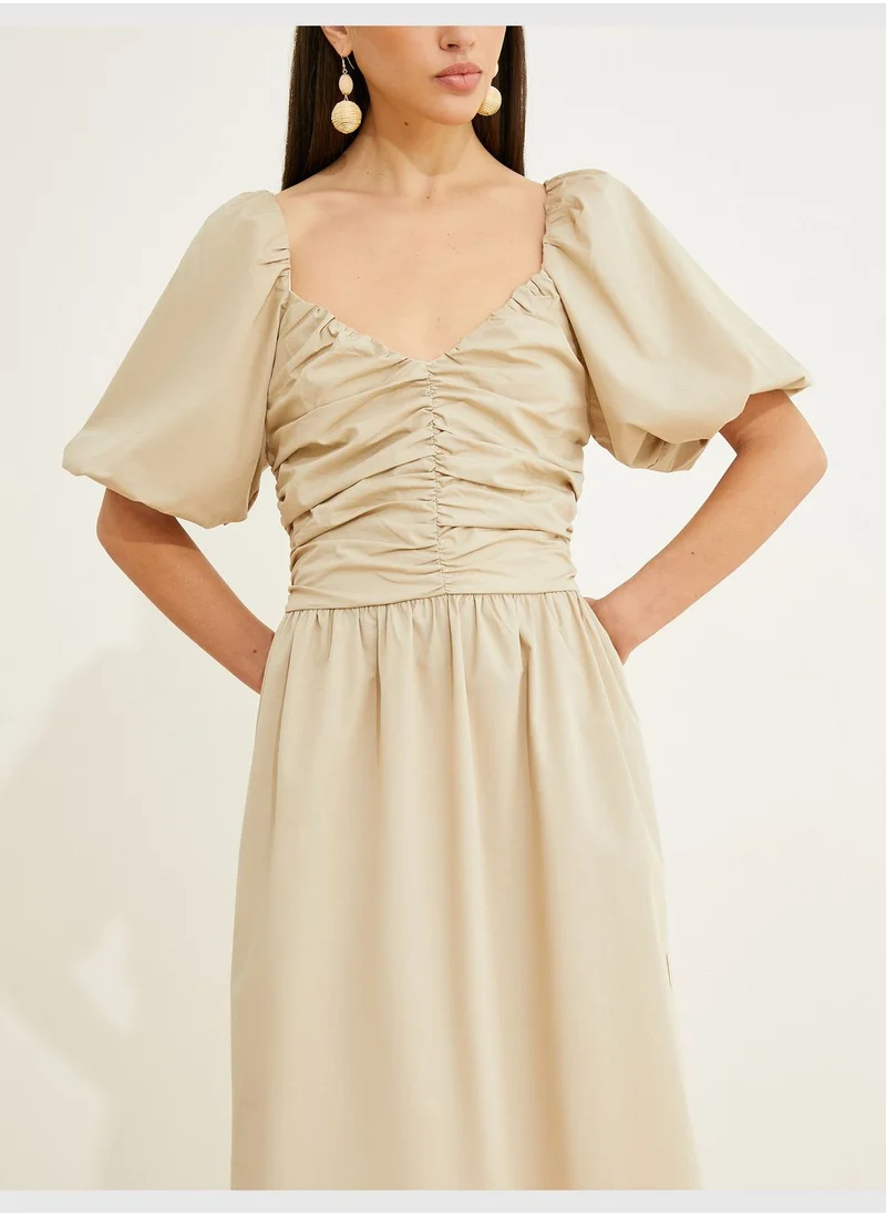 KOTON V Neck Cotton Puff Sleeve Maxi Dress