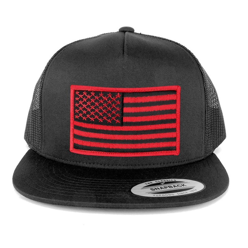 Armycrew 5 Panel American Flag Patched Snapback Mesh Charcoal Cap - Black Red Patch - Image 4
