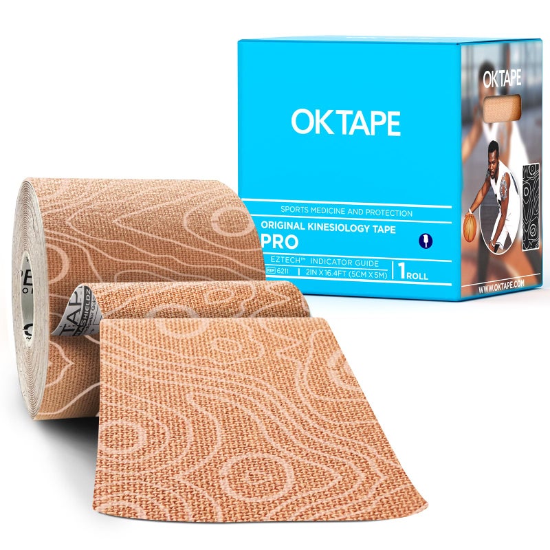 شريط OK TAPE PRO للعلاج الطبيعي غير مقطوع لاصق مرن للعلاج الرياضي لتخفيف الألم ودعم العضلات شريط حركي مقاوم للماء 2 بوصة × 164 قدم بيج