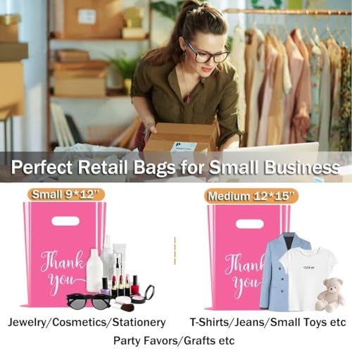 Cupplation Pink Thank You Merchandise Bags Large 9x12 inches,100 Pack, Retail Plastic Shopping Merchandise Gift Bags Tear Resistant Strong Durable Anti Stretch, 100% Recyclable (100) - Image 4