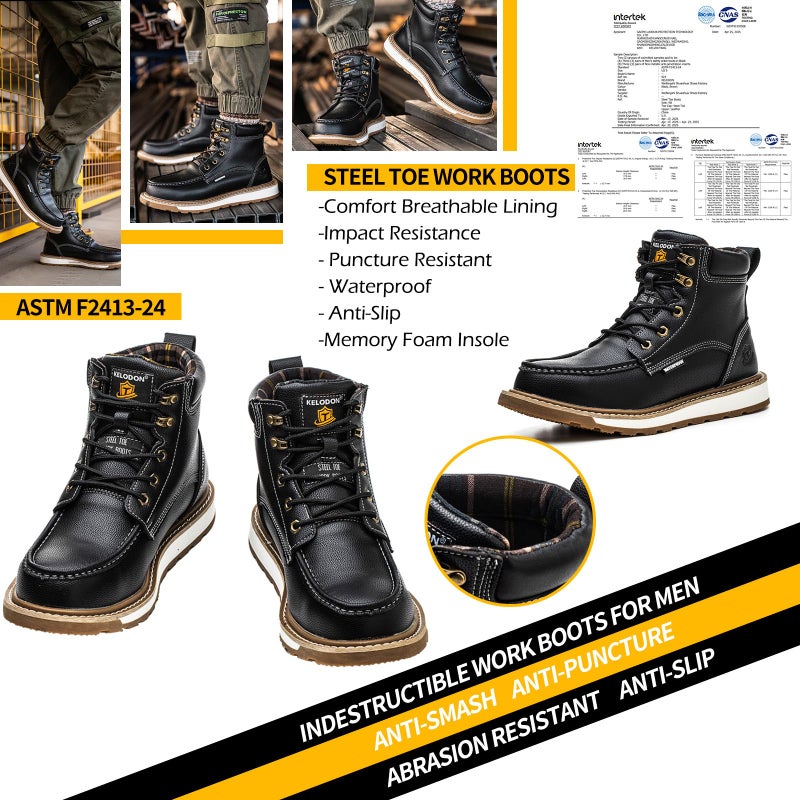 KELODON Waterproof Steel Toe Boots For Men-6" Leather Moc Toe Work Boots Mens Steel Toe Shoes Indestructible Non Slip Resistant Construction Safety Boot,Black,size 10.5 Men - Image 3