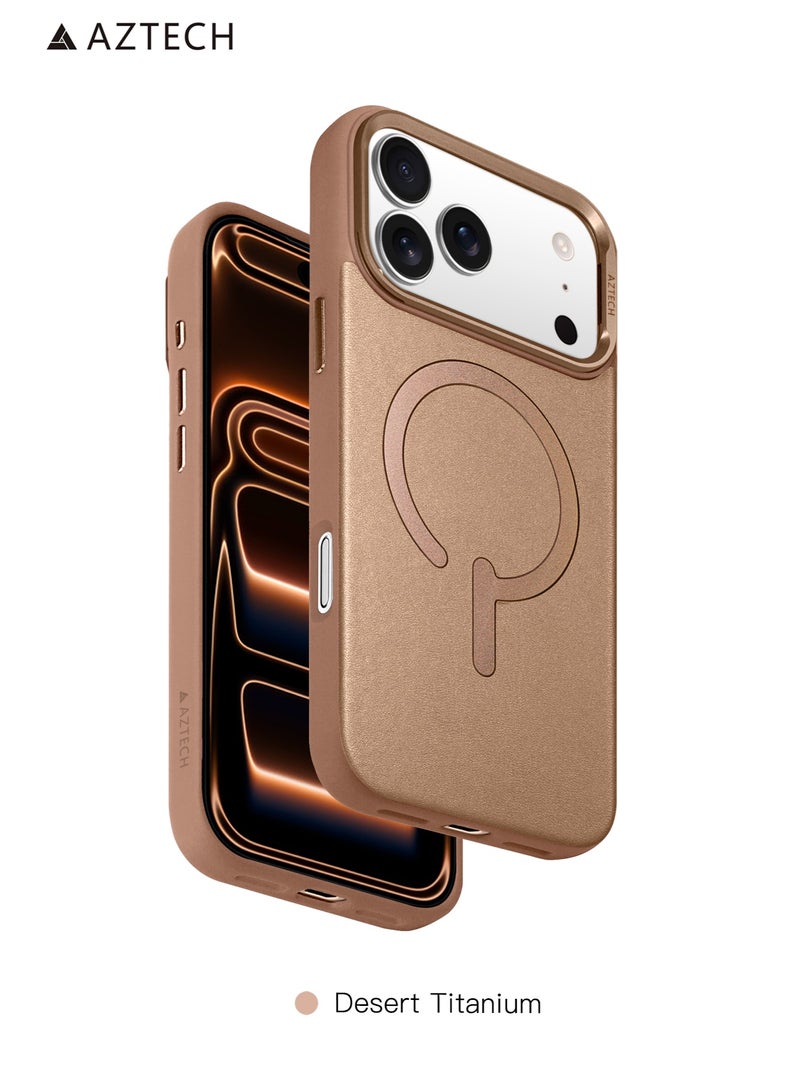 غطاء جلد مغناطيسي من AZTECH لجهاز iPhone 17 Pro Max، مع حامل غير مرئي مدمج [متوافق مع Magsafe] غطاء هاتف واقي نحيف مع حامل للركل لجهاز iPhone 17 Pro Max، تيتانيوم صحراوي