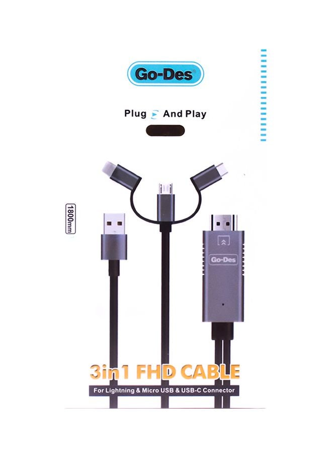 جو-ديز كابل 3 في 1 للشحن ومزامنة البيانات أسود/فضي - Image 2