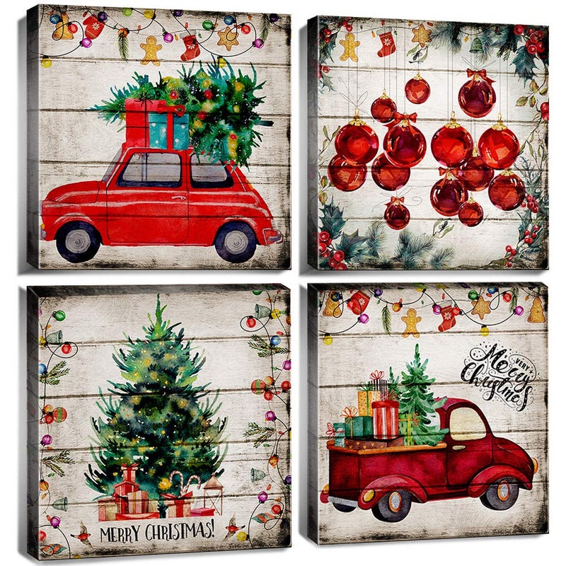 Home Trove فن الجدران لعيد الميلاد - ديكور جدار شاحنة حمراء - صور عيد الميلاد لغرفة المعيشة - شجرة عيد الميلاد - كرات السيارة - خلفية خشبية - لوحة قماشية - ملصقات مزرعة - غرفة النوم - المطبخ - ديكورات المنزل 12x12" 4 قطع - Image 1