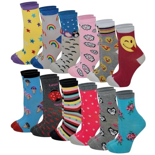 Ayla 12 Pairs Pack Kids Girls Colorful Creative Fun Novelty Design Crew Socks (6-8, Assorted Fancy) - Image 1