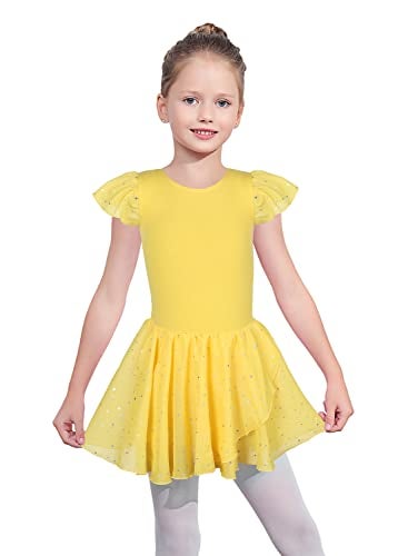 EQSJIU Girls Ruffle Sleeve Ballet Dance Dress Tutu Skirted Leotard Yellow Toddler Dance Leotards 5-6 5/6 Years - Image 2