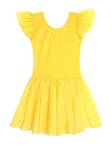 EQSJIU Girls Ruffle Sleeve Ballet Dance Dress Tutu Skirted Leotard Yellow Toddler Dance Leotards 5-6 5/6 Years - Image 4