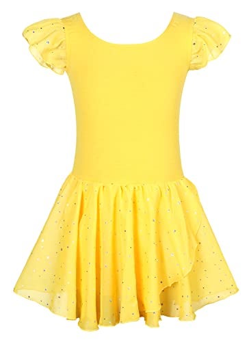 EQSJIU Girls Ruffle Sleeve Ballet Dance Dress Tutu Skirted Leotard Yellow Toddler Dance Leotards 5-6 5/6 Years - Image 1