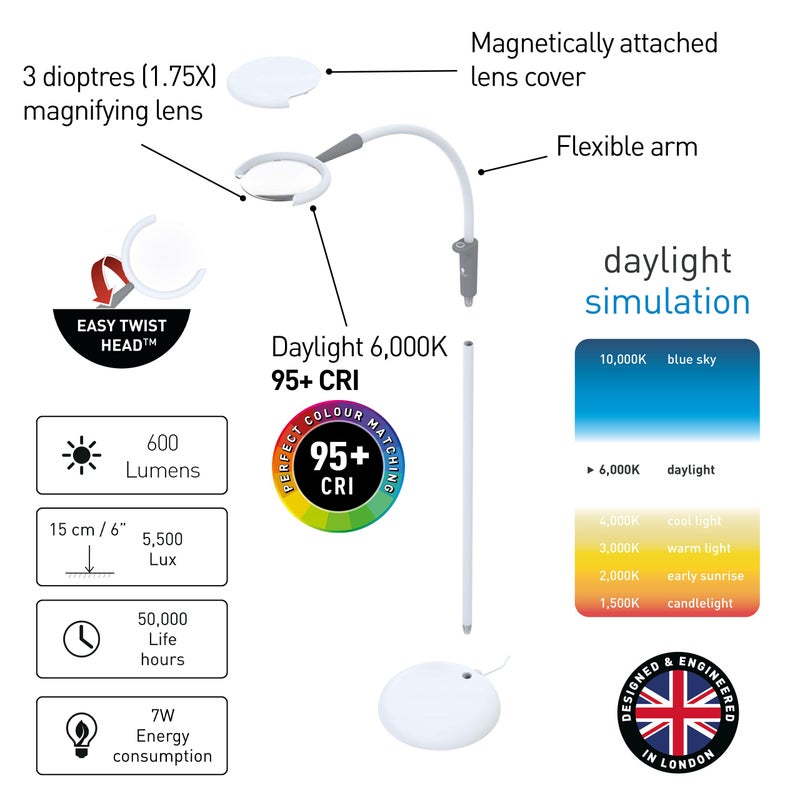 Daylight Company - Magnificent Pro - Magnifying lamp, Bright 6,000K Daylight LEDs, CRI 95+, 3 in 1 Lamp, 1.75X semi-Rimless Lens, Lumens: 600, White - Image 2