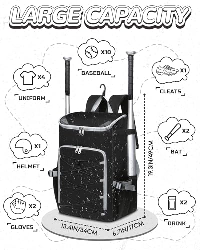 FOKDUVB Baseball Softball Gear Bag Backpack for Boys Girls Ages 812 1214 Large Kids Youth Bat Bag with Ventilated Shoe Compartment Baseball Softball Players Stuff Supplies Black Solid - Image 3