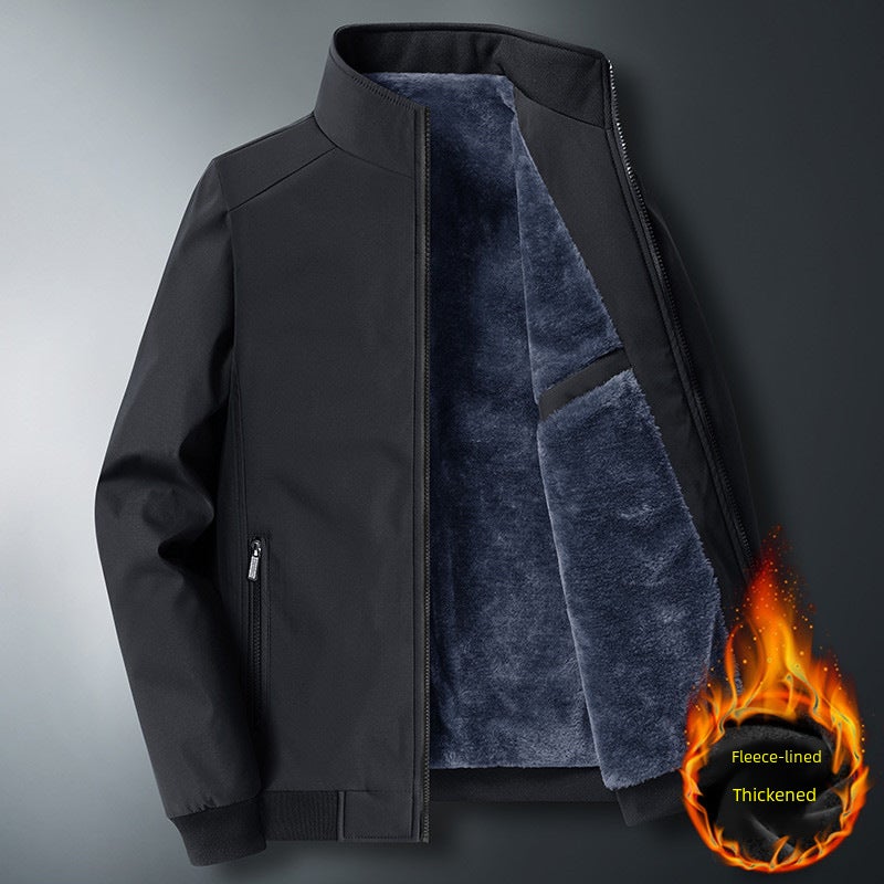 معطف آباء منتصف العمر لفصل الخريف والشتاء سترة رجال منتصف العمر وكبار السن مبطنة بالفليس سميكة الحجم الزائد للرجال دافئة سميكة باللون الأسود - Image 2