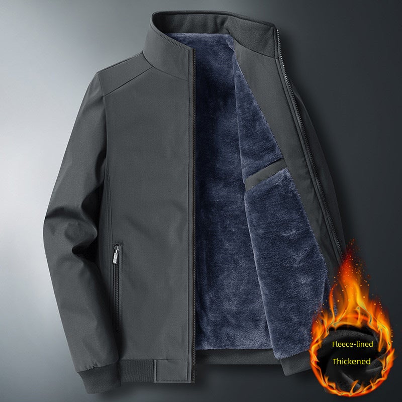 معطف آباء منتصف العمر لفصل الخريف والشتاء سترة رجال منتصف العمر وكبار السن مبطنة بالفليس سميكة الحجم الزائد للرجال دافئة سميكة باللون الأسود - Image 3