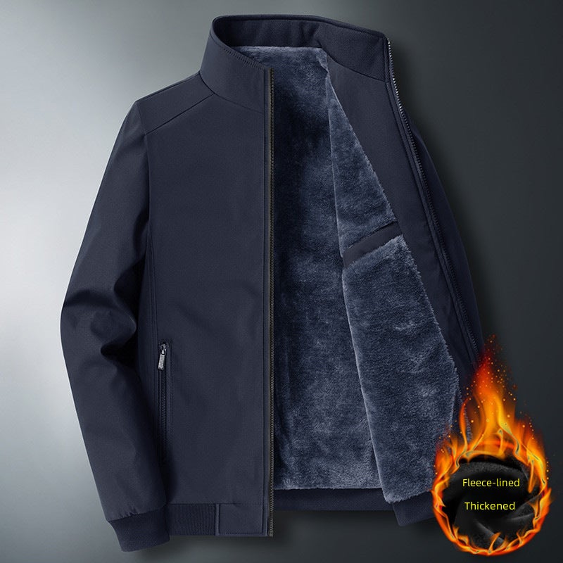 معطف آباء منتصف العمر لفصل الخريف والشتاء سترة رجال منتصف العمر وكبار السن مبطنة بالفليس سميكة الحجم الزائد للرجال دافئة سميكة باللون الأسود - Image 4