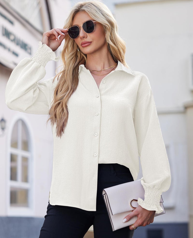 Gleeivy White Button Down Shirt Women Dressy Casual Long Sleeve Puff V-Neck High Low Hem French Office Casual Business Solid Professional Interview Tops 2026 Fall Wrinkle Free - Image 3