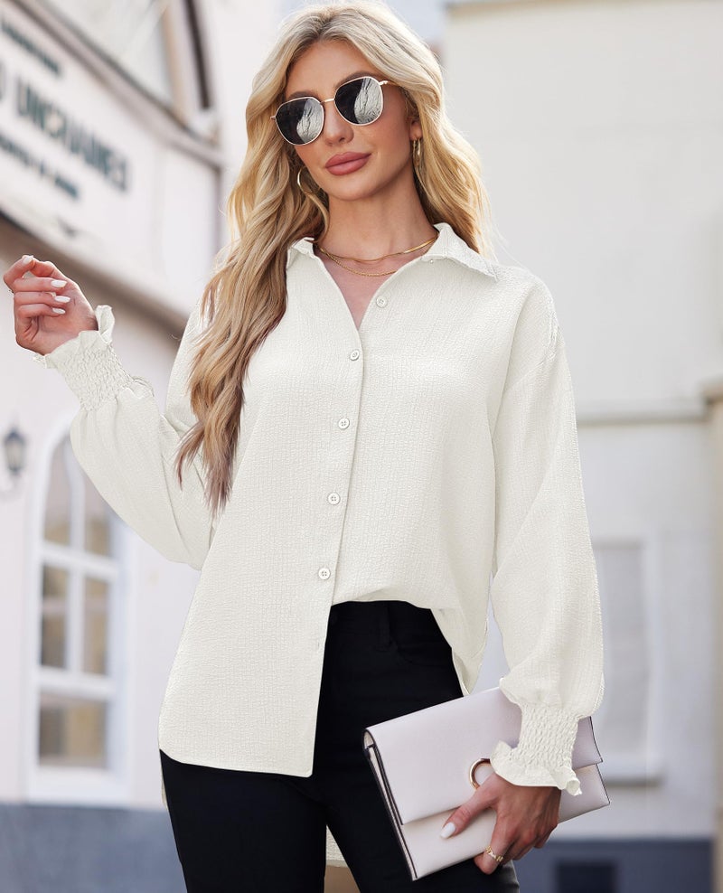 Gleeivy White Button Down Shirt Women Dressy Casual Long Sleeve Puff V-Neck High Low Hem French Office Casual Business Solid Professional Interview Tops 2026 Fall Wrinkle Free - Image 2
