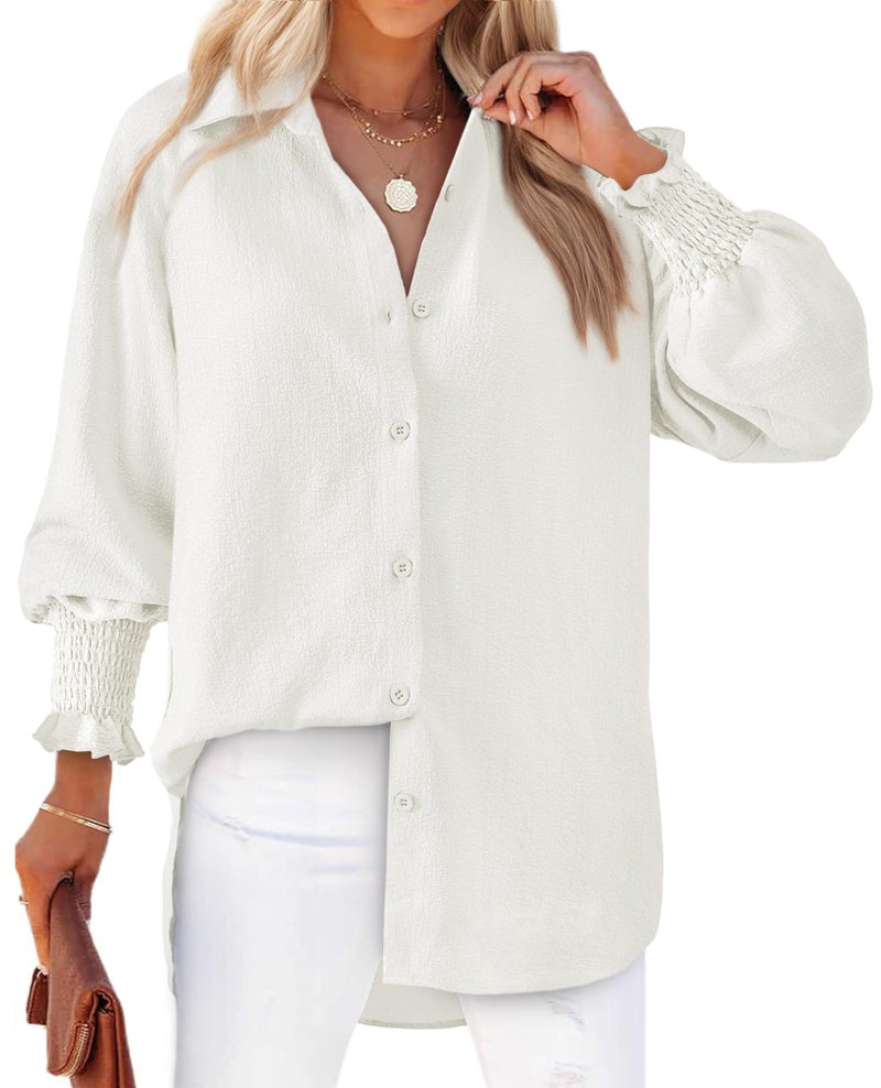 Gleeivy White Button Down Shirt Women Dressy Casual Long Sleeve Puff V-Neck High Low Hem French Office Casual Business Solid Professional Interview Tops 2026 Fall Wrinkle Free - Image 1