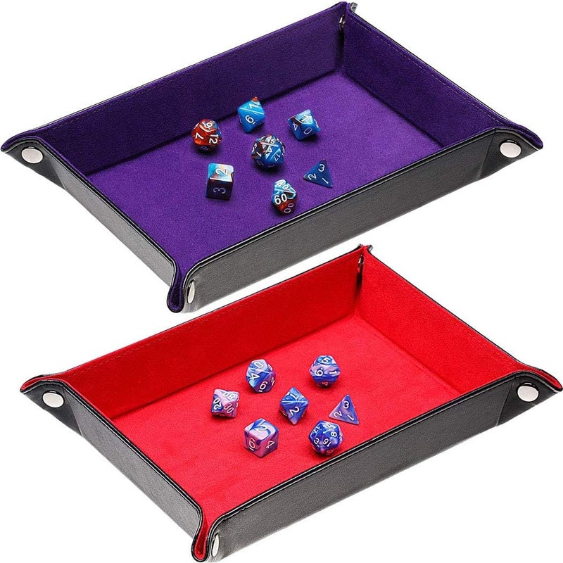ONWON 2 Pieces Dice Holder Dice Rolling Tray Double Sided PU Leather and Velvet Folding Tray Dice Pad for Dice Gaming and Other Table Games (Purple & Red) - Image 1
