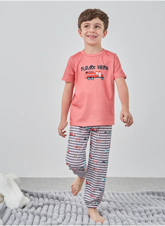 ستايلي Styli Graphic Print T-Shirt and Striped Pyjama Set