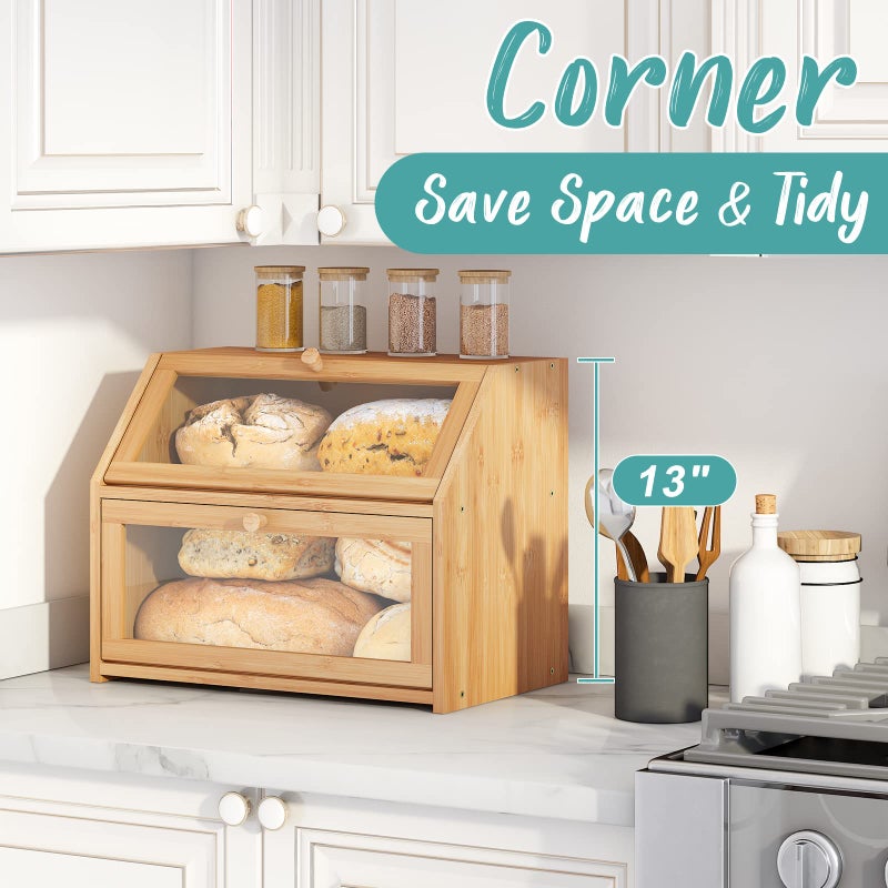 Vriccc Large Bread Box,Bamboo Wood for Kitchen Counter, Corner Bread Box, Large Capacity Bread Storage Bin - Image 3