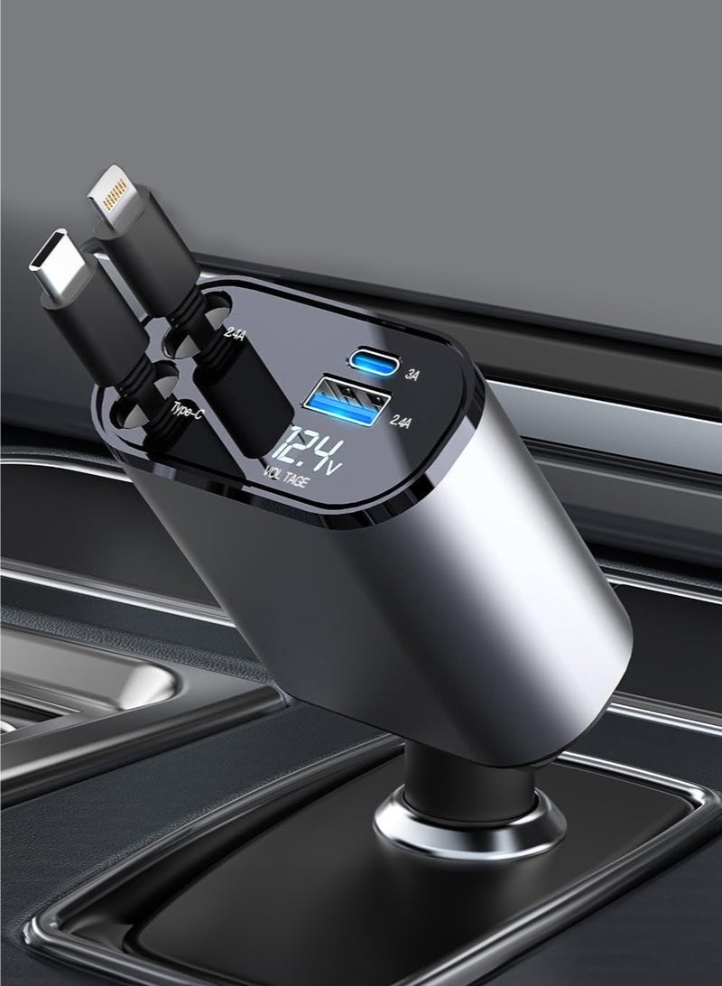 Retractable Car Charger, 4 in 1 Car Fast Charger for iPhone and Type C, Retractable Cables and 2 Charging Ports, Compatible with Mobile Phones/Earphones/Table - Image 1