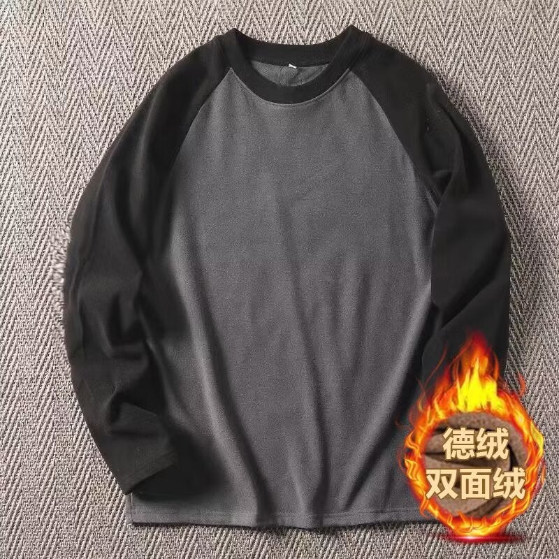 Double-Faced Velvet Mens T-Shirt Autumn Winter Warm Casual Colorblock Tees Dark gray - Image 1