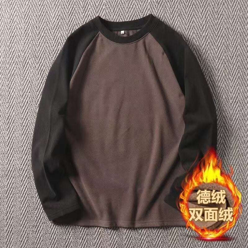 Double-Faced Velvet Mens T-Shirt Autumn Winter Warm Casual Colorblock Tees Dark gray - Image 4