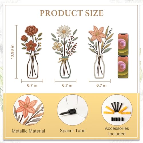 CarryWise 3 Piece Metal Flower Wall Art for Bedroom Living Room Rustic Farmhouse Floral Wall Decor for Bathroom Dining Room Boho Home Decorations Modern Minimalism Walls Hanging Sculptures - Image 3