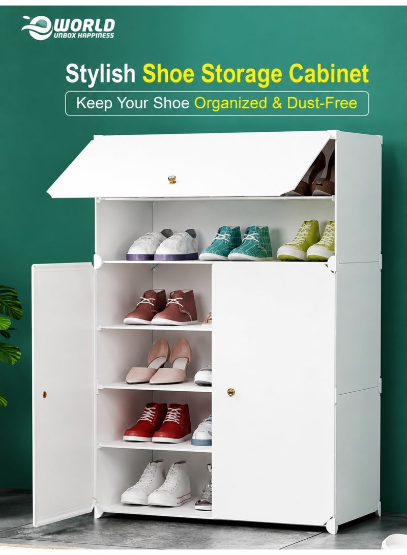 Eworld 6-Tier Plastic Shoe Organizer Rack with Doors | 6 Shelves Free-Standing Entryway & Hallway Storage Furniture | Large Capacity, Adjustable, Waterproof & Dust-Resistant Shoe Cabinet - Image 1