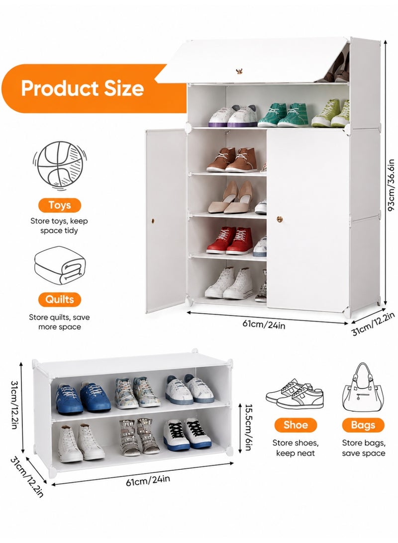 Eworld 6-Tier Plastic Shoe Organizer Rack with Doors | 6 Shelves Free-Standing Entryway & Hallway Storage Furniture | Large Capacity, Adjustable, Waterproof & Dust-Resistant Shoe Cabinet - Image 3
