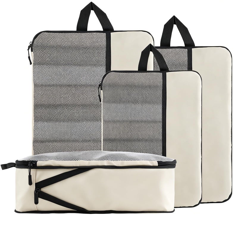 U+U UU 4 Set Compression Packing Cubes Ultralight Cream Travel Organizers SpaceSaving Suitcase Organizer Expandable Packing Cubes for Travel and Family Vacation Cream - Image 2