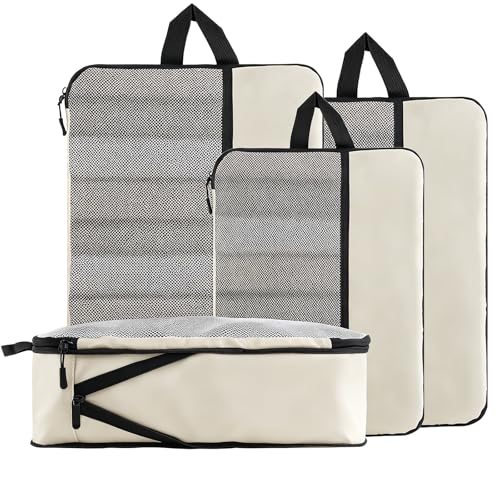 U+U UU 4 Set Compression Packing Cubes Ultralight Cream Travel Organizers SpaceSaving Suitcase Organizer Expandable Packing Cubes for Travel and Family Vacation Cream - Image 1