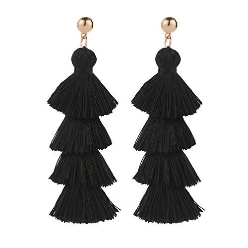 BaubleStar Fashion Tassel Dangle Earrings for Women Layered Long Bonita Tiered Black Thread Tassel Drop Statement Jewelry - Image 1